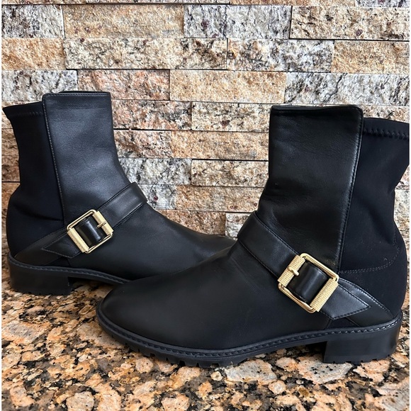 NWOB | Stuart Weitzman Black Leather Ryder Lift Gold Buckle Bootie - Picture 5 of 9
